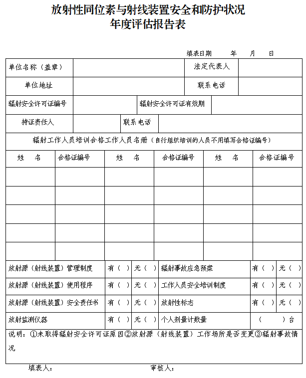 放射性同位素與射線裝置安全和防護狀況年度評估報告表